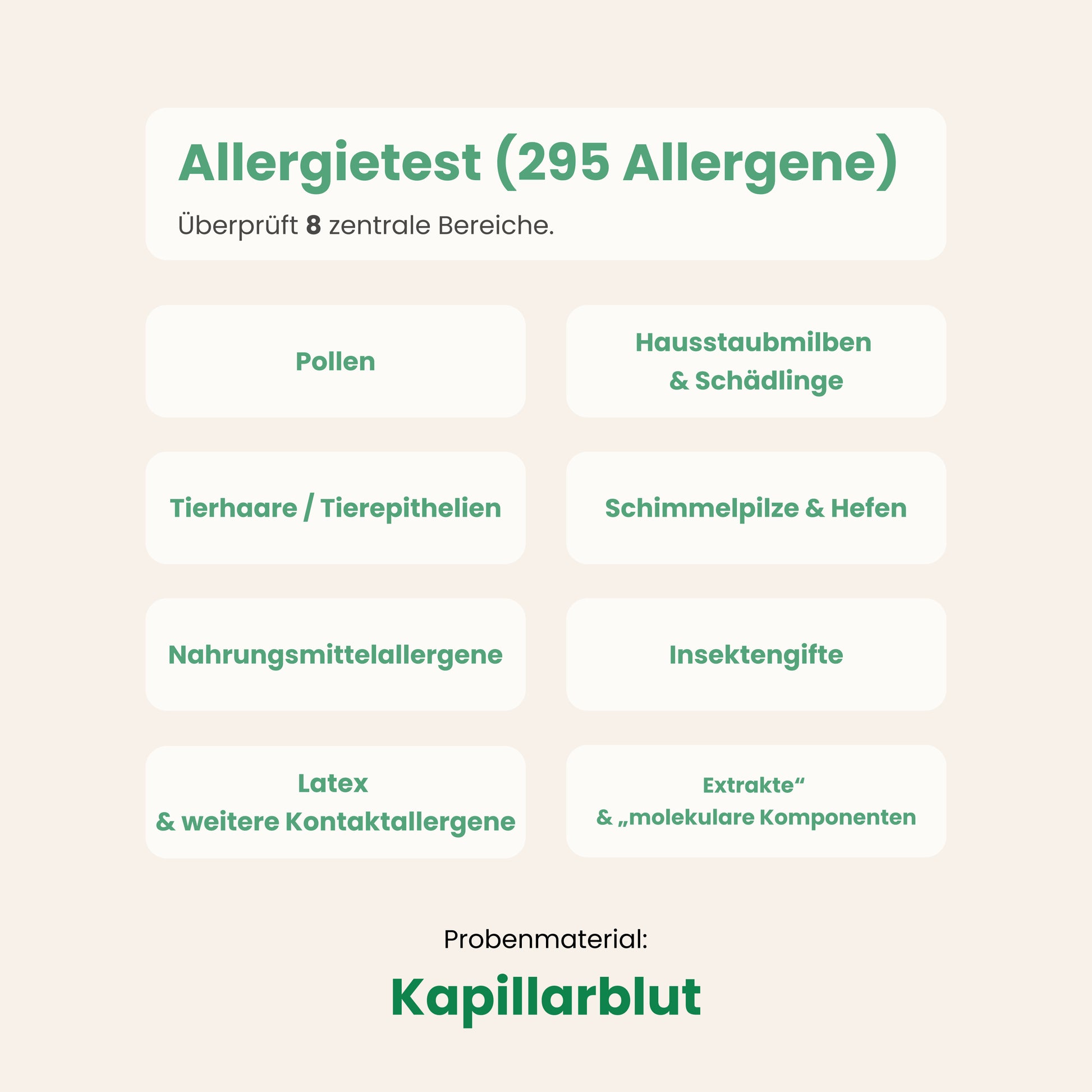 Allergietest überprüft 8 Allergenbereiche – von Pollen und Lebensmitteln bis zu Insektengiften. Probenmaterial: Kapillarblut.