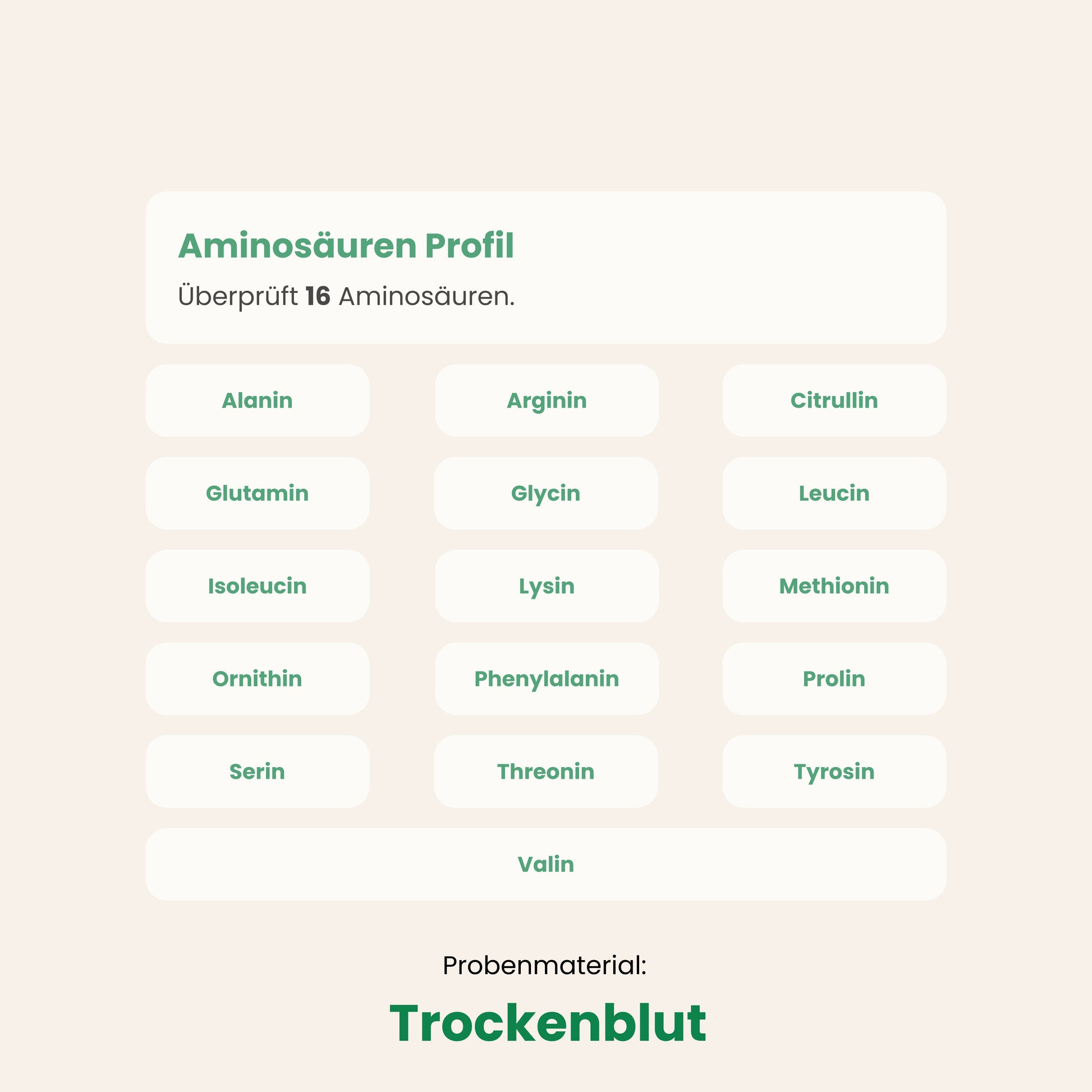 Aminosäuren-Profil-Test – überprüft 16 Aminosäuren aus einer Trockenblutprobe zur Analyse des Stoffwechsels.