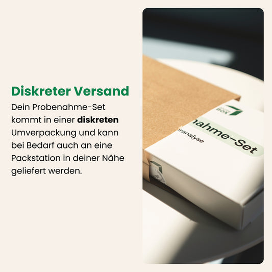 Auf diesem Bild ist der diskrete Versand unseres Probenahme-Sets beschrieben. Auf dem Bild sieht man, die diskrete Umverpackung, damit man von außen nicht erkennt, welcher Test sich im Inneren befindet.