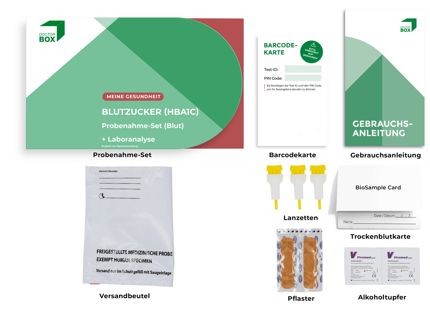 Übersicht der Komponenten Probenahme-Set Blutzucker (HbA1c)