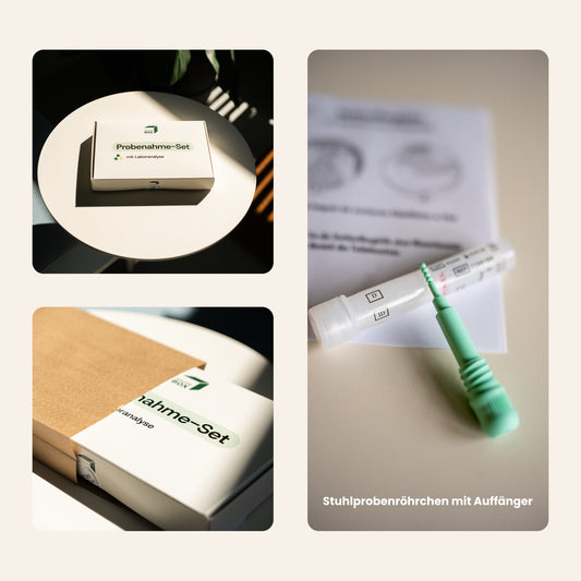 Darmkrebs-Vorsorge-Testkit mit Probenahme-Set, Versandverpackung und Stuhlprobenröhrchen mit Auffänger.