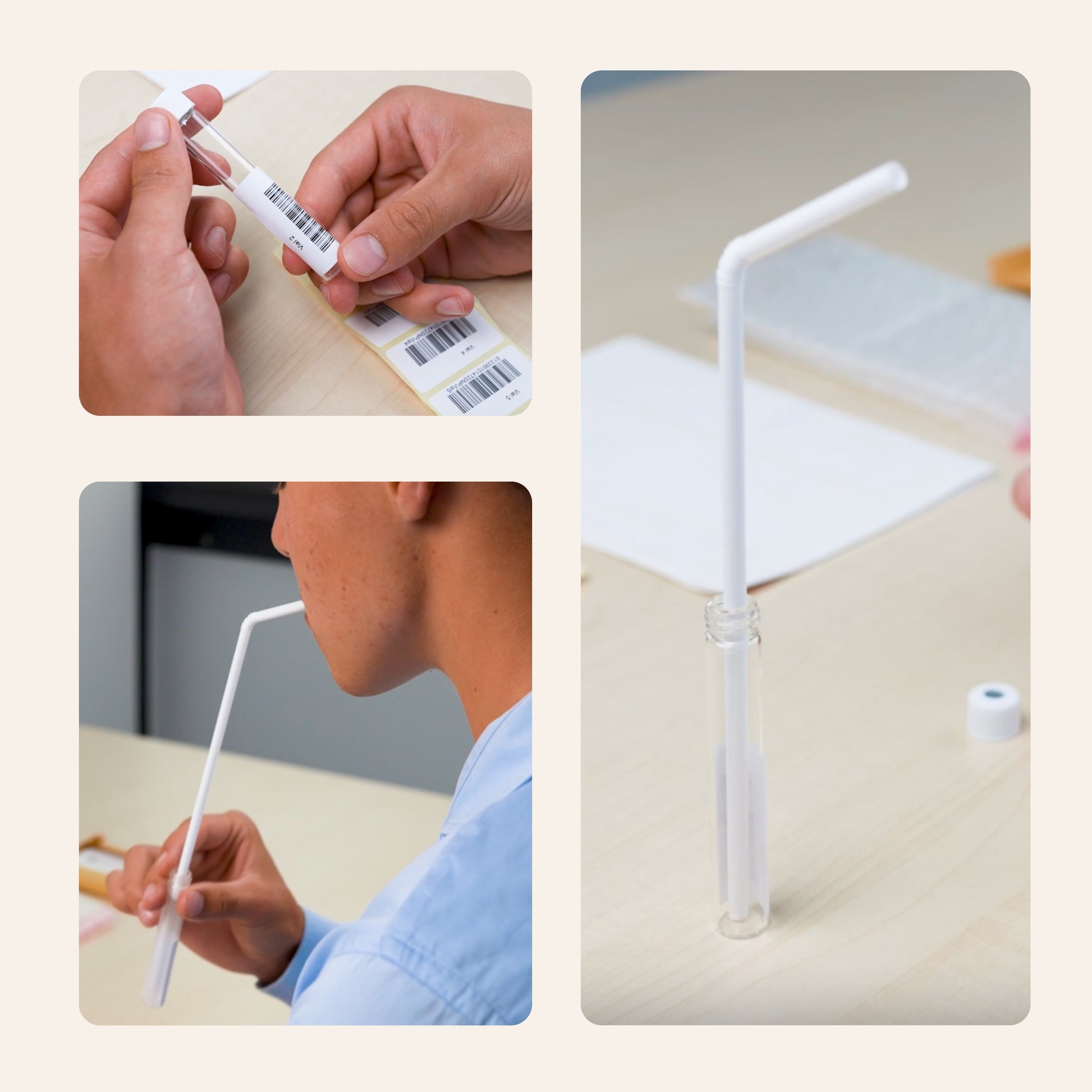 Schritt-für-Schritt-Darstellung der Atemprobennahme beim VOC-IMO-Test. Eine Person bringt ein Etikett auf einem Proberöhrchen an, bläst mit einem Röhrchen in das geöffnete Glasröhrchen und bereitet so die Atemprobe zur Analyse vor.