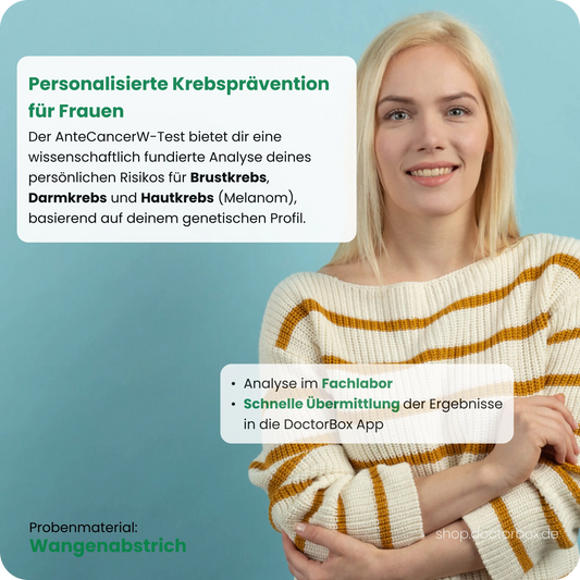 AnteCancerW-Test: Genetische Analyse des persönlichen Risikos für Brust-, Darm- und Hautkrebs per Wangenabstrich.