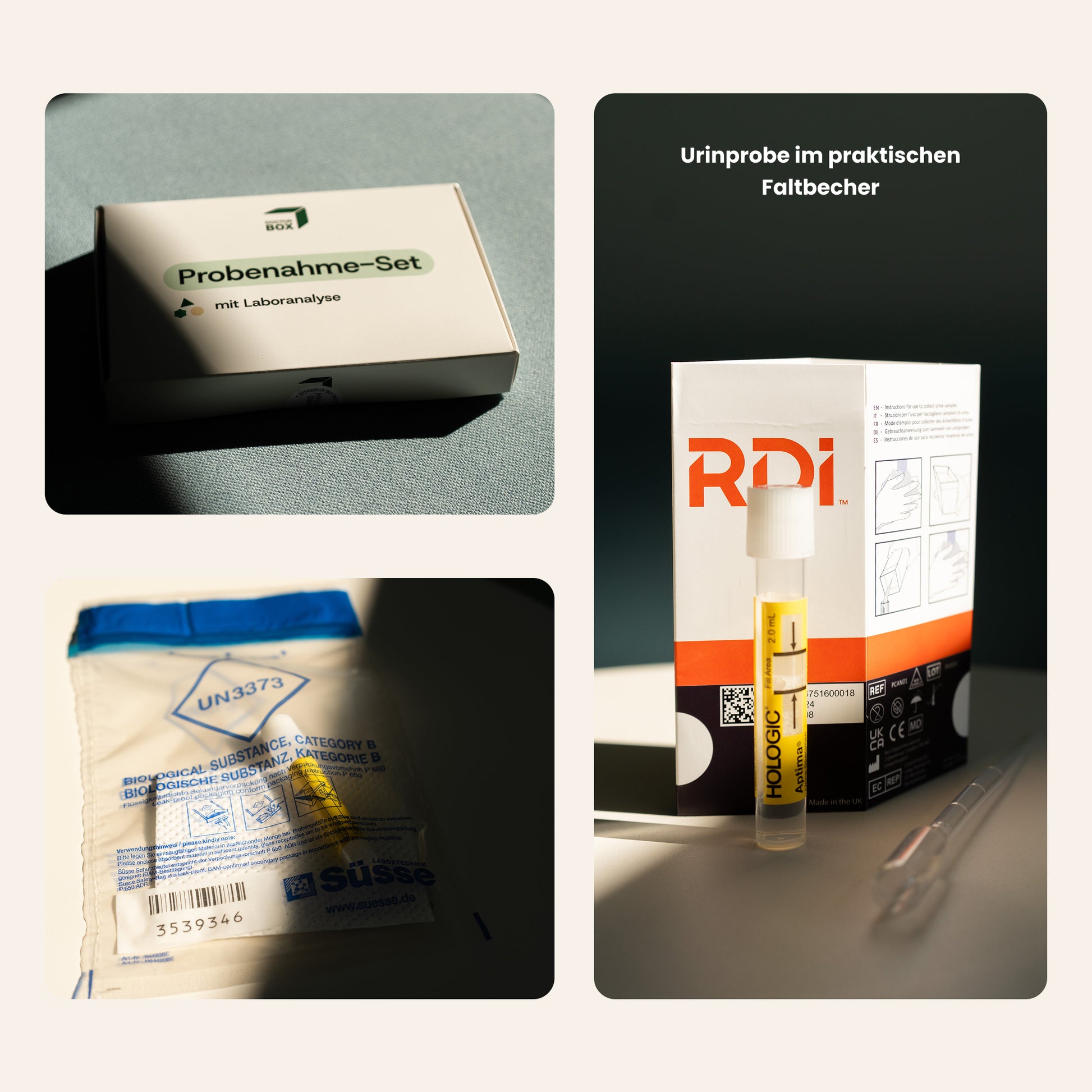 Übersichtsbild der Inhalte des STI Basics Probenahme-Set für Geschlechtskrankheiten. Es ist ein Urinabnahme-Set zu, ein Sicherheitsbeutel mit Probe sowie die Box.