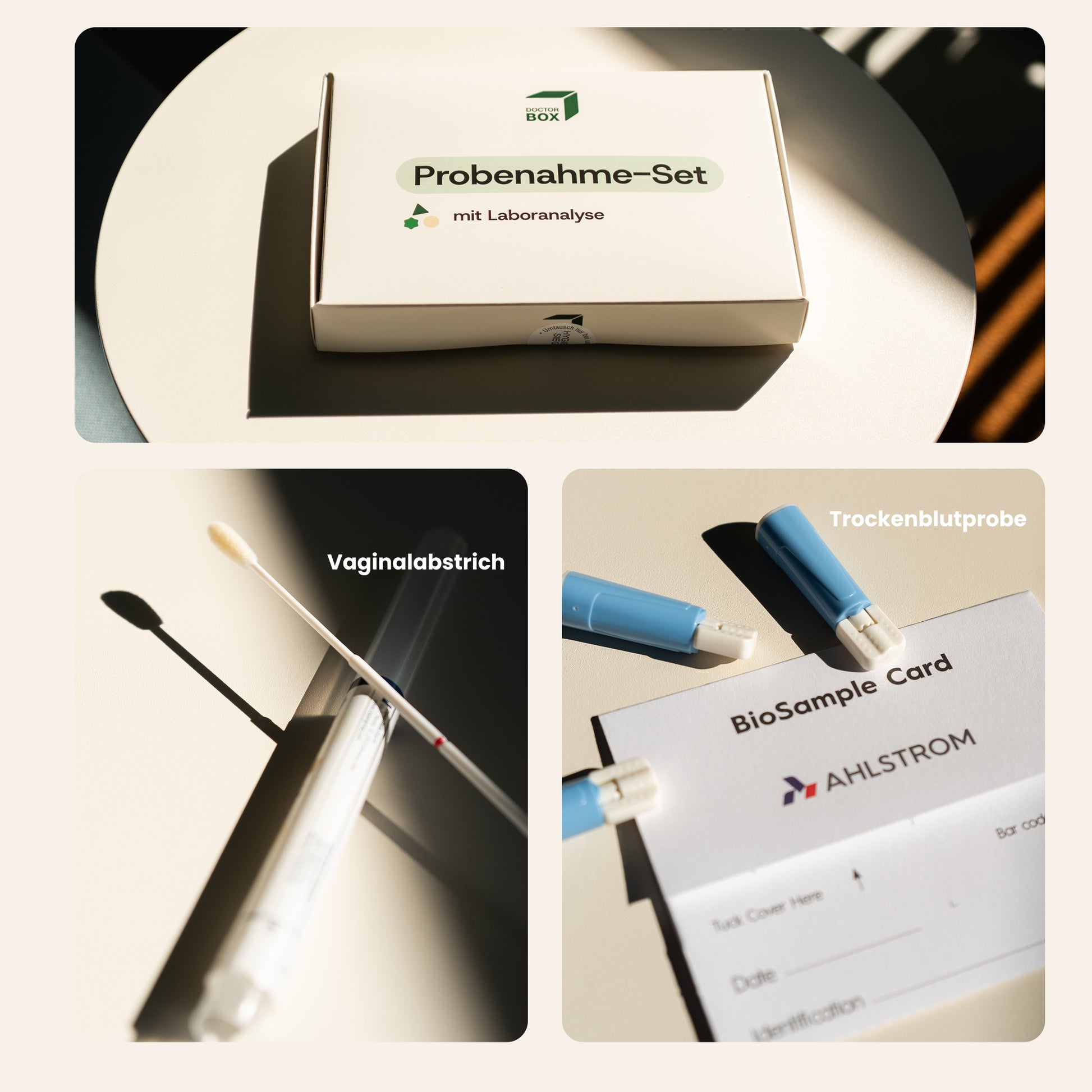 Übersicht der Komponenten des Probenahme-Sets für Vaginalabstrich und Trockenblutprobe von DoctorBox.