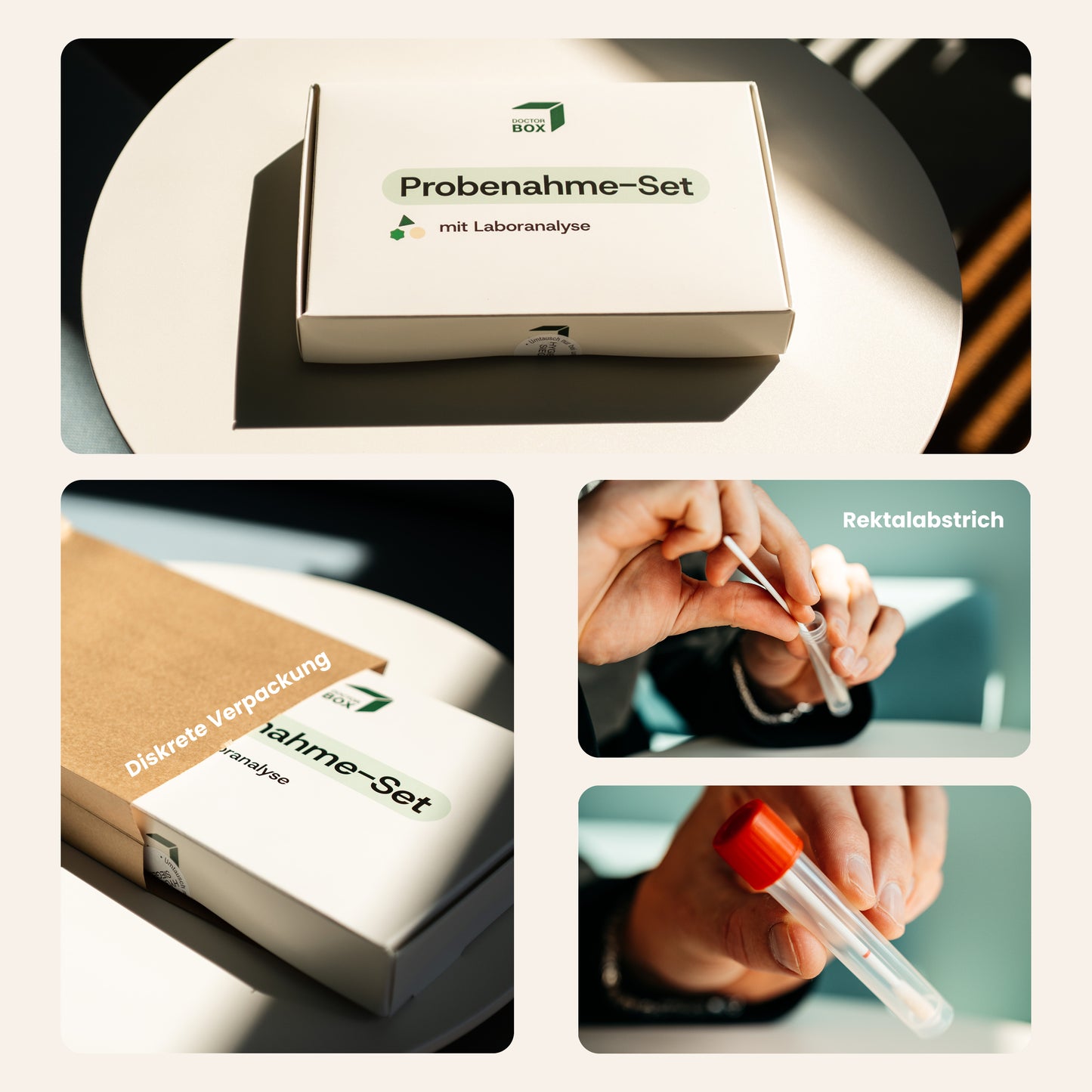 Collage mit vier Bildern eines STI-Probenahme-Sets für Rektalabstriche. Gezeigt werden das geöffnete Testkit mit Laboranalyse, die diskrete Versandverpackung, eine Person beim Entnehmen einer Probe mit Wattestäbchen sowie ein Probenröhrchen mit rotem Deckel. Text im Bild: ‚Diskrete Verpackung‘ und ‚Rektalabstrich‘. Foto: Mirko Meister.