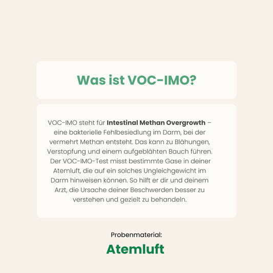 Informationsgrafik mit der Überschrift ‚Was ist VOC-IMO?‘. Erklärt, dass VOC-IMO für Intestinal Methan Overgrowth steht – eine bakterielle Fehlbesiedlung im Darm, bei der vermehrt Methan entsteht, was Blähungen, Verstopfung und einen aufgeblähten Bauch verursachen kann. Der Text beschreibt, dass der VOC-IMO-Test bestimmte Gase in der Atemluft misst, um ein Ungleichgewicht im Darm festzustellen und die Ursache von Beschwerden zu erkennen. Unten steht: ‚Probenmaterial: Atemluft‘.