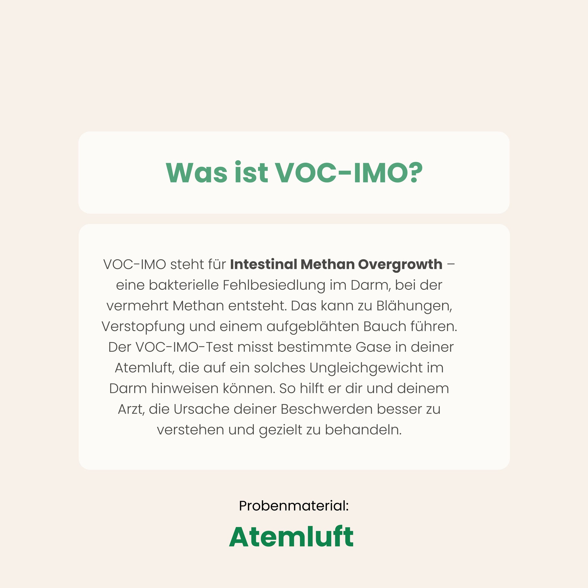 Informationsgrafik mit der Überschrift ‚Was ist VOC-IMO?‘. Erklärt, dass VOC-IMO für Intestinal Methan Overgrowth steht – eine bakterielle Fehlbesiedlung im Darm, bei der vermehrt Methan entsteht, was Blähungen, Verstopfung und einen aufgeblähten Bauch verursachen kann. Der Text beschreibt, dass der VOC-IMO-Test bestimmte Gase in der Atemluft misst, um ein Ungleichgewicht im Darm festzustellen und die Ursache von Beschwerden zu erkennen. Unten steht: ‚Probenmaterial: Atemluft‘.