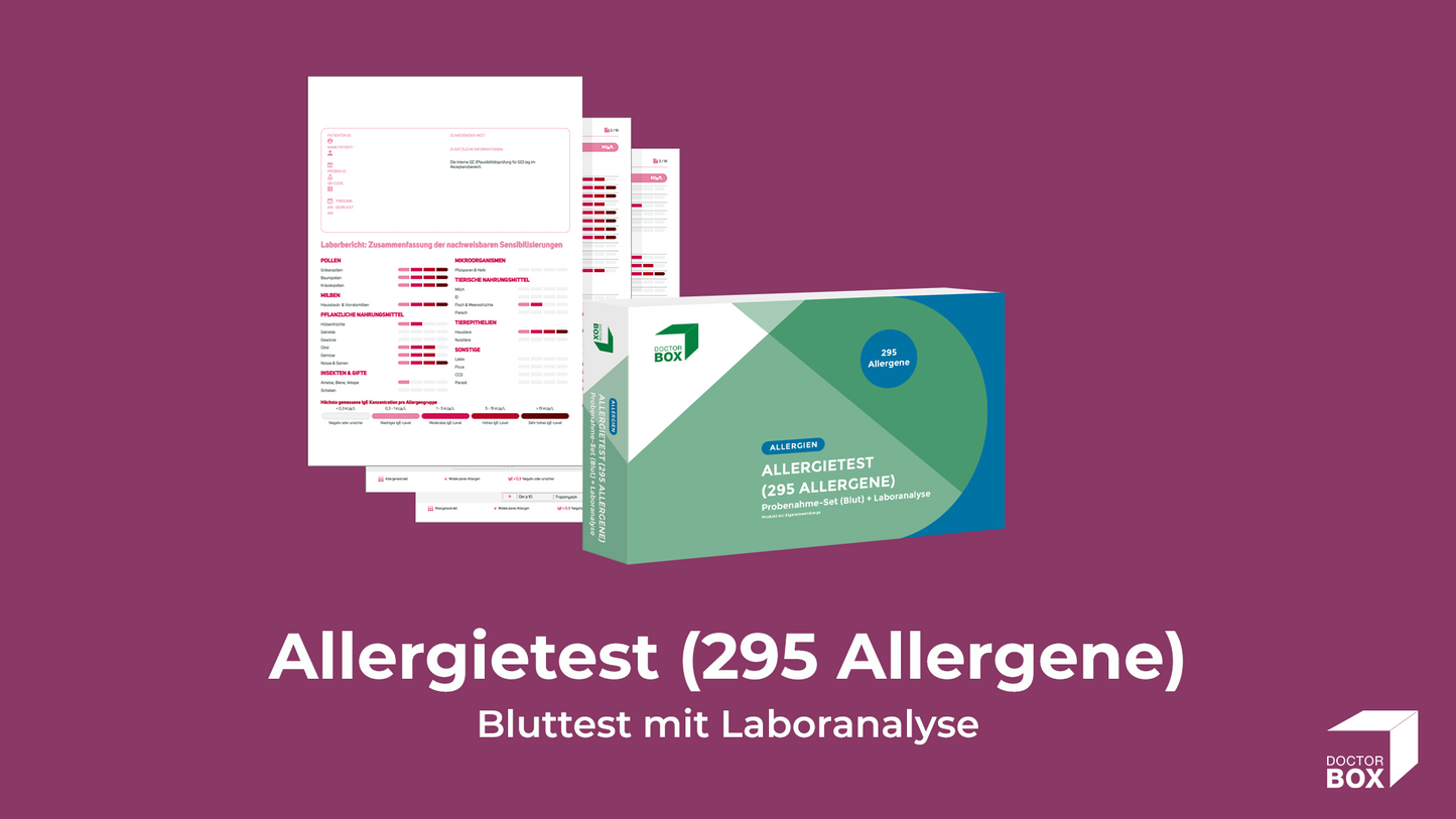 Hier befindet sich die Verpackung des Allergietests. Links davon werden die Ergebnisse des Tests angezeigt. Zu erkennen ist die Überschrift: Laborbericht: Zusammenfassung des nachweisbaren Sensibilisierungen. Pollen, Milben, Insekten und Gifte, Mikroorganismen, Tierische Nahrungsmittel. Der Rest des Dokuments ist nicht lesbar. Unter der Abbildung steht Allergietest (295 Allergene) - Bluttest mit Laboranalyse.