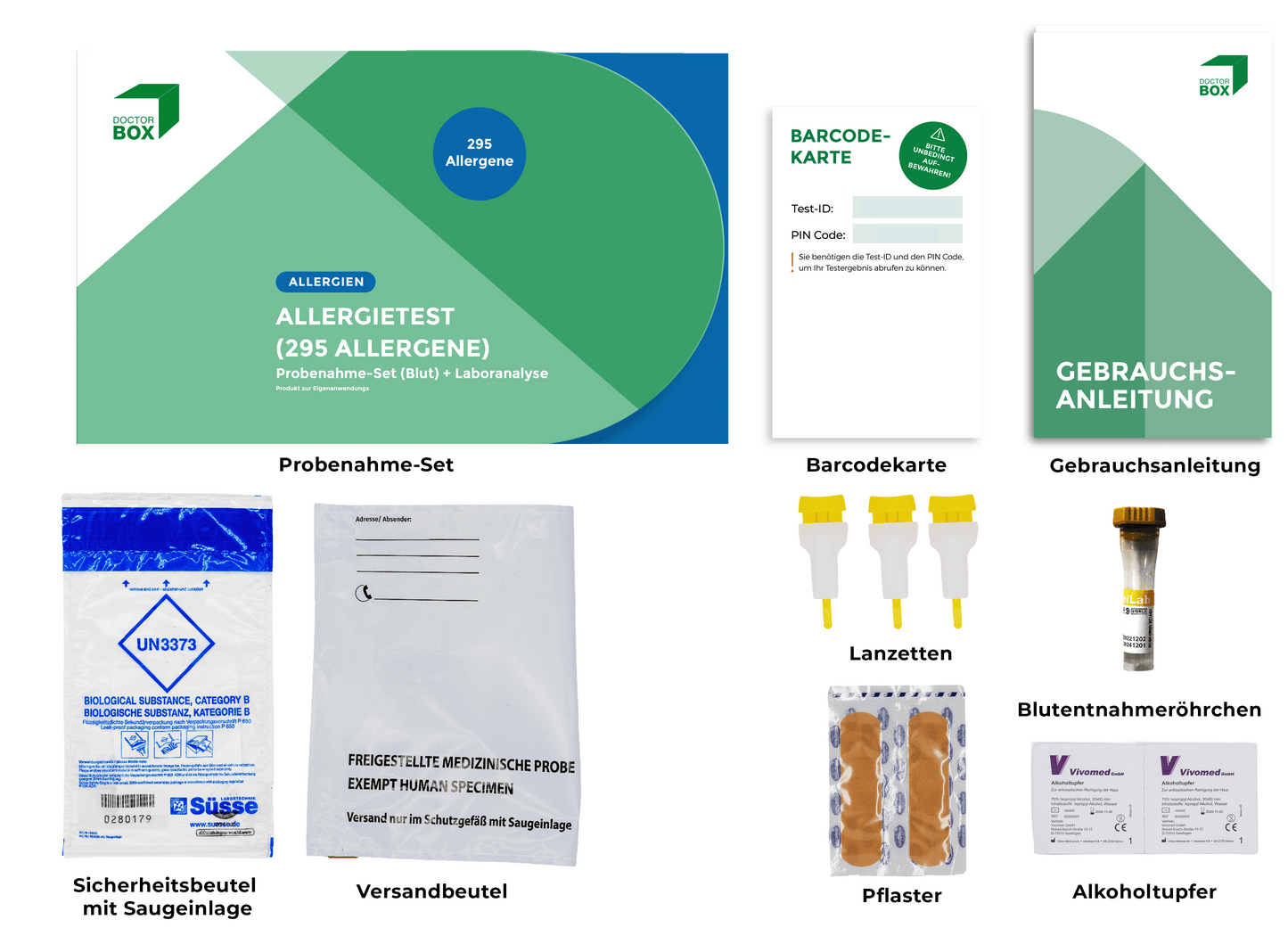 Auf dem Bild wird der Inhalt der Verpackung des Probenahme-Sets Allergietest abgebildet. Links oben die Verpackung in der Frontalansicht, gefolgt von der Barcodekarte, der Gebrauchsanleitung, unten links dem Sicherheitsbeutel mit Saugeinlage, dem Versandbeutel, den Lanzetten, einen Blutentnahmeröhrchen und Alkoholtupfer.