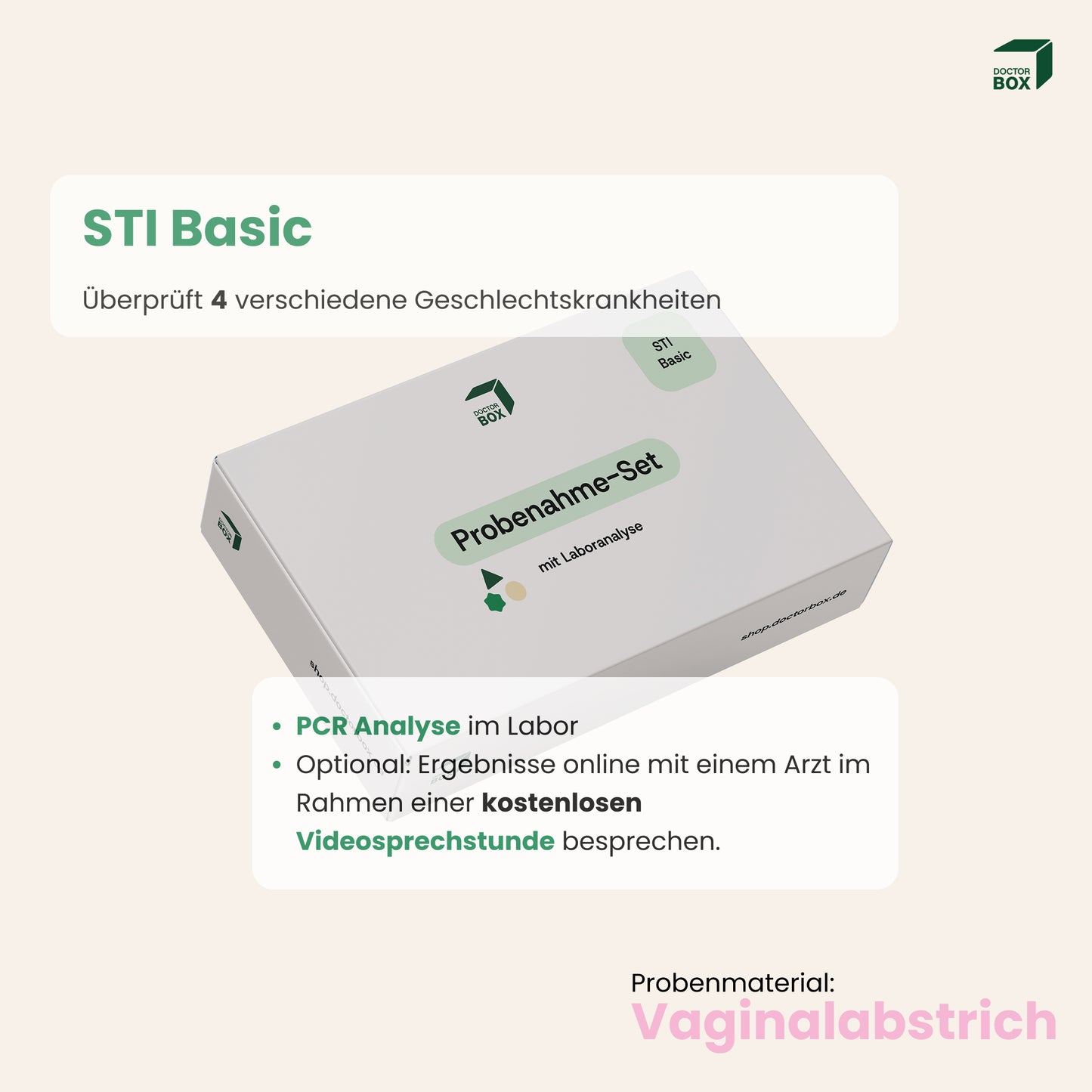 Produktbild vom STI Basic DoctorBox Geschlechtskrankheiten Test mit Beschreibung der Leistungen. Mittels Vaginalabstrich möglich. 
