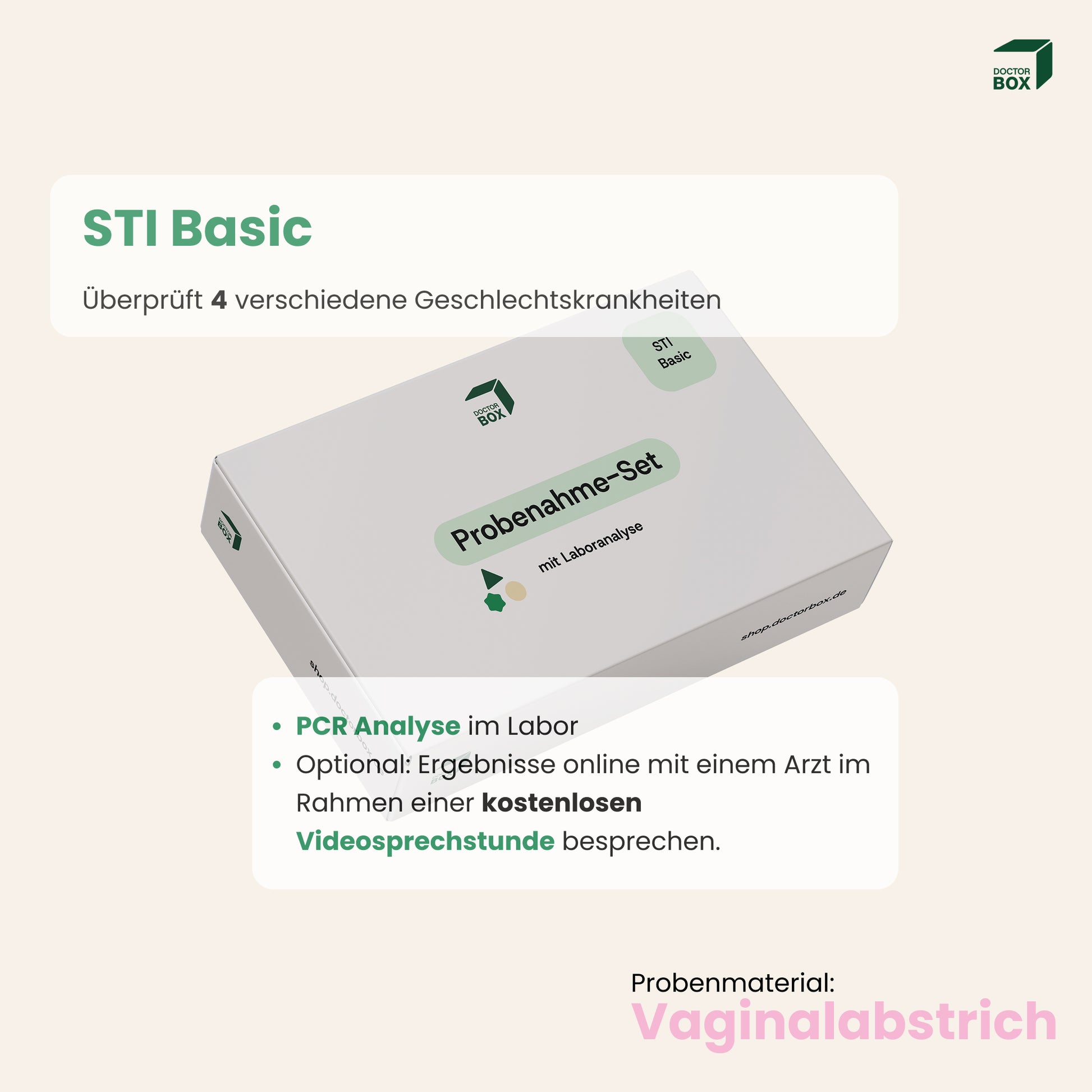 Produktbild vom STI Basic DoctorBox Geschlechtskrankheiten Test mit Beschreibung der Leistungen. Mittels Vaginalabstrich möglich. 