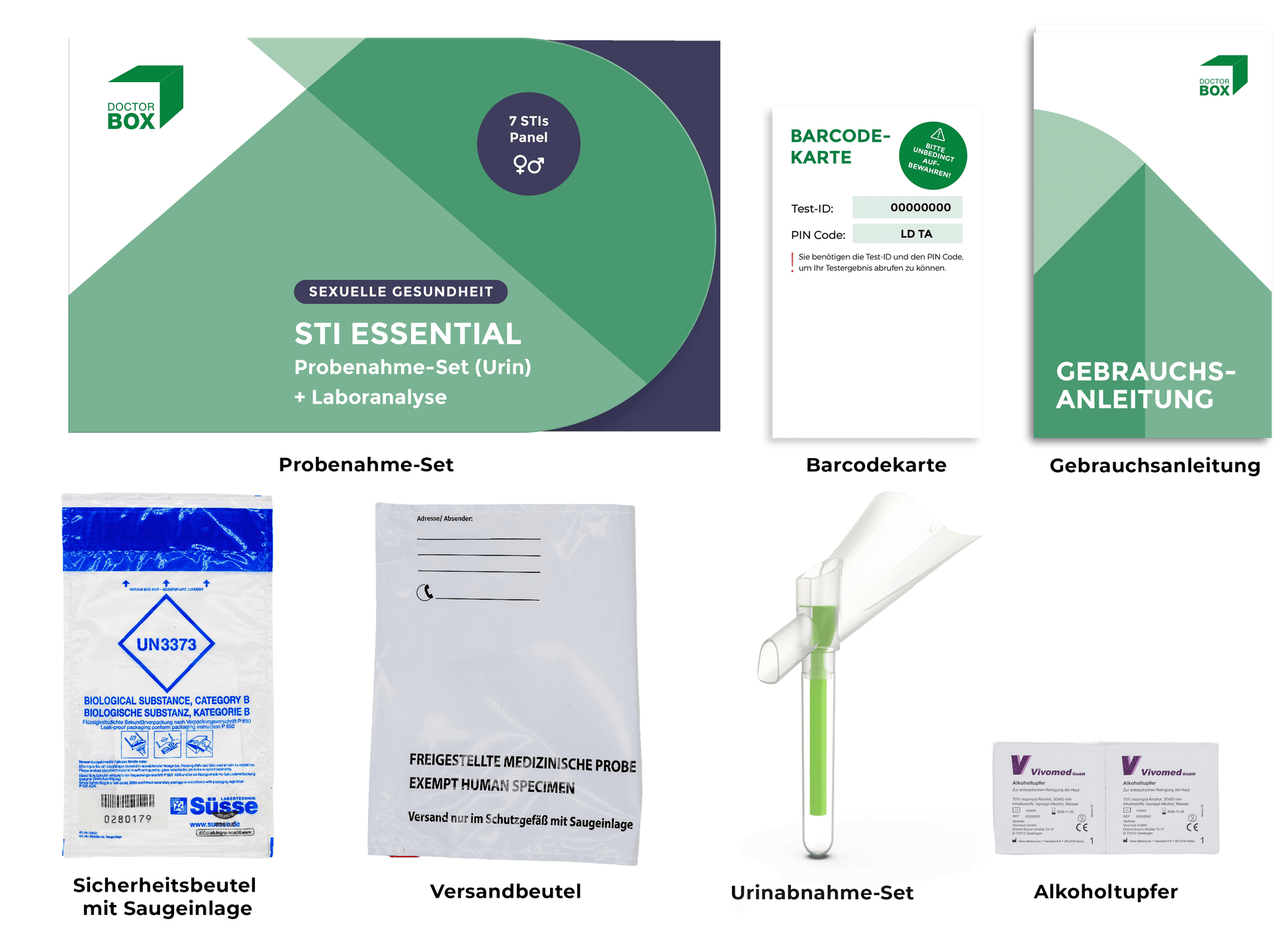 Auf dem Bild wird der Inhalt der Verpackung des Probenahme-Sets STI Essential abgebildet. Links oben die Verpackung in der Frontalansicht, gefolgt von der Barcodekarte, der Gebrauchsanleitung, unten links dem Sicherheitsbeutel mit Saugeinlage, dem Versandbeutel, dem Urinabnhame-Set und Alkoholtupfer.