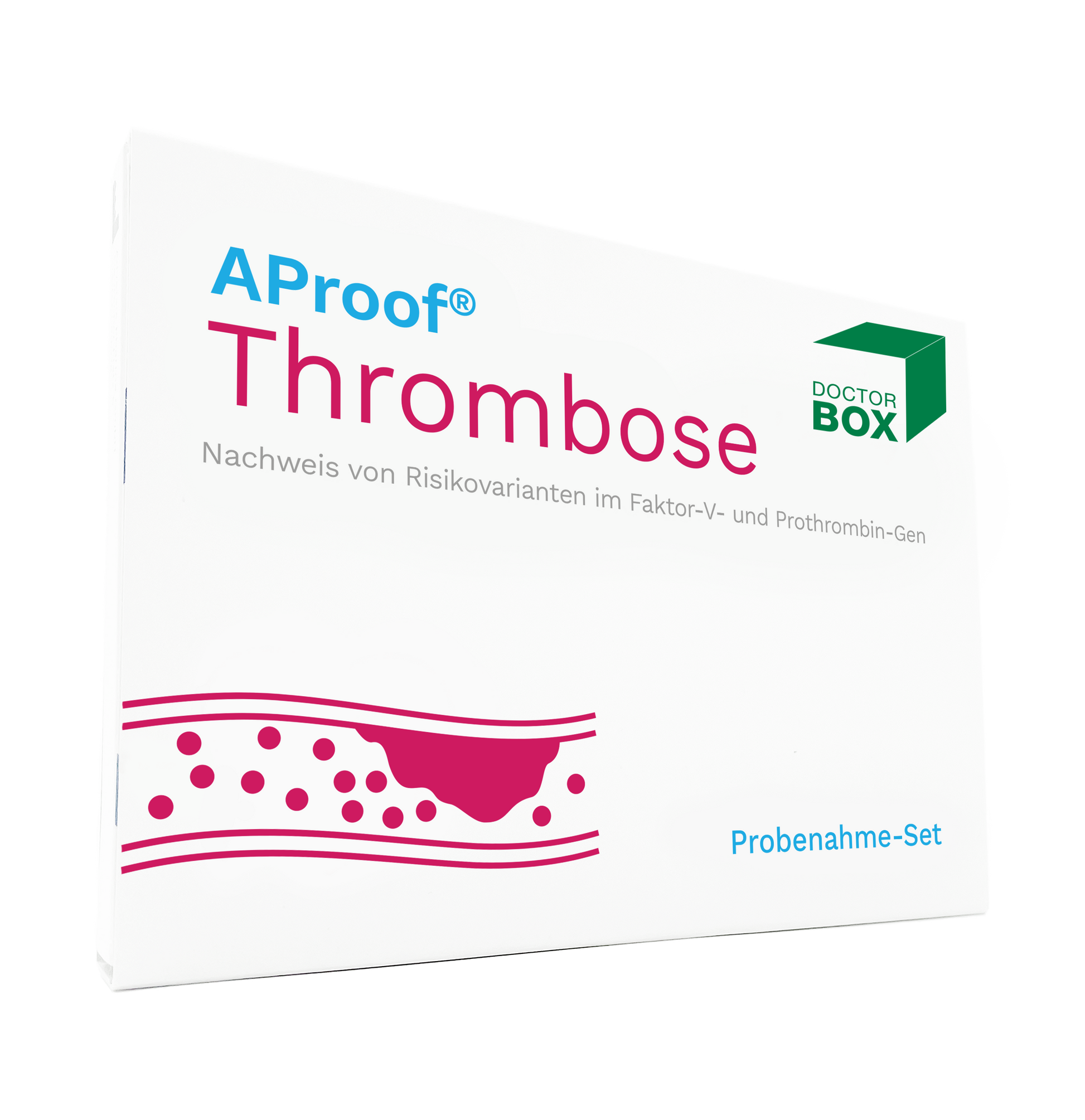 Die Verpackung des Thrombose Selbsttest, Probenahme-Sets aProof wird abgebildet. Es ist das aProof und DoctorBox Logo zu sehen.